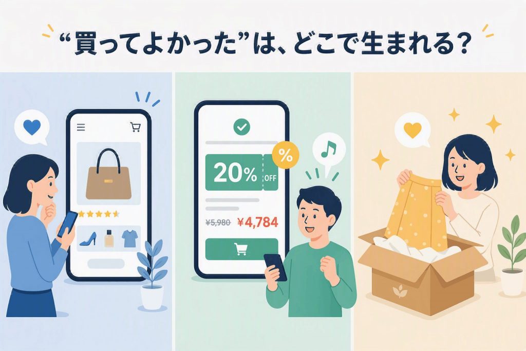 商品発見から購入、お届けまでの顧客体験を通じて満足度が高まる様子を示したイラスト