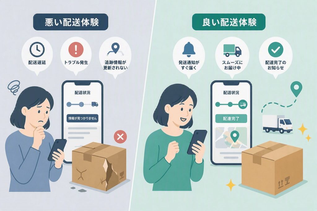 配送遅延や追跡不能などの悪い配送体験と、通知や配送状況の可視化による良い配送体験を比較したイラスト