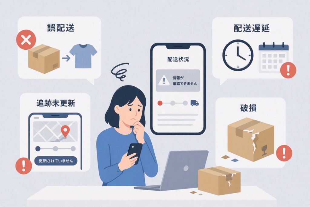 誤配送や配送遅延、追跡情報の未更新、商品破損など配送トラブルによる課題を示したイラスト