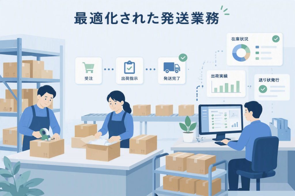 受注から出荷、在庫管理までを一元化し発送業務を効率化した様子を示すイラスト