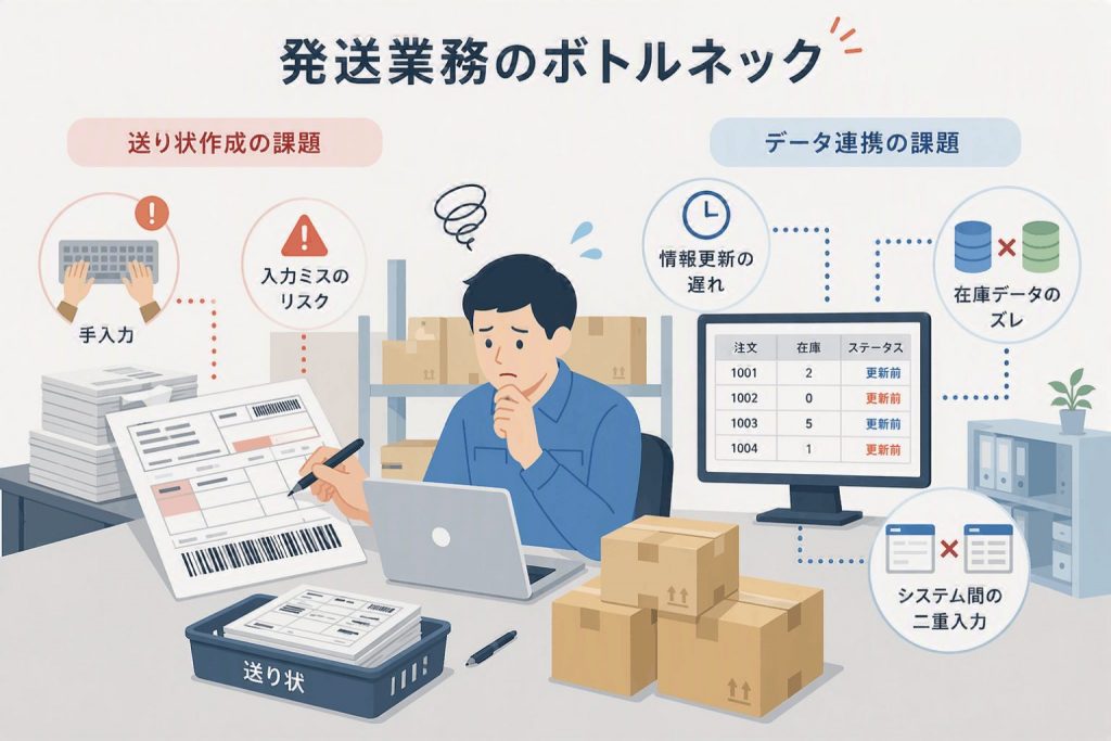 発送業務における送り状作成やデータ連携の課題を示したイラスト