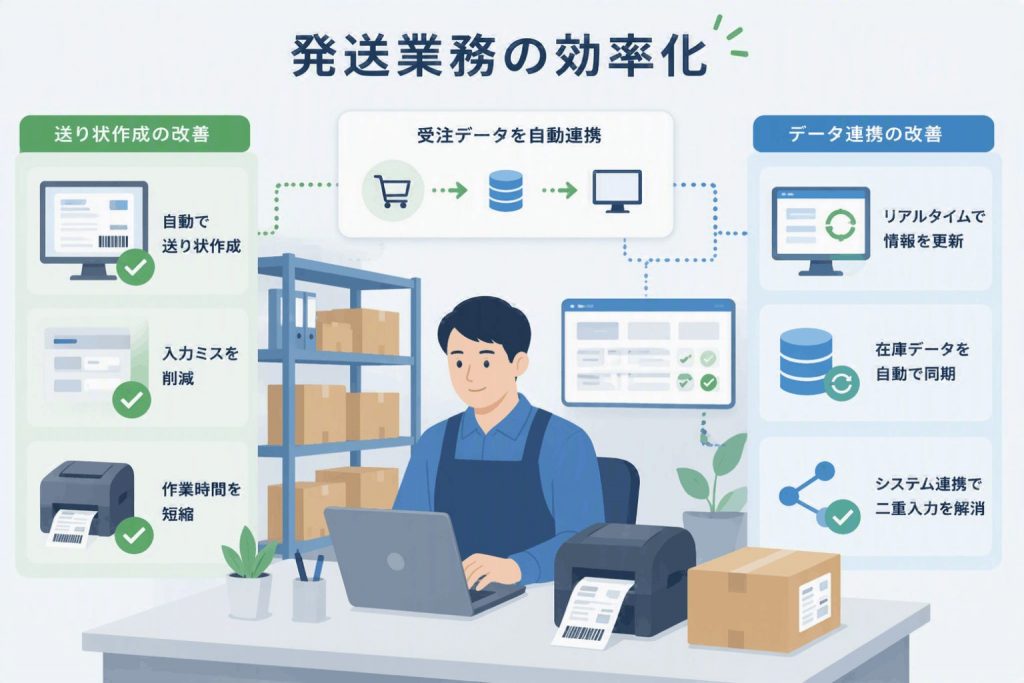 送り状作成の自動化とデータ連携により発送業務を効率化するイラスト