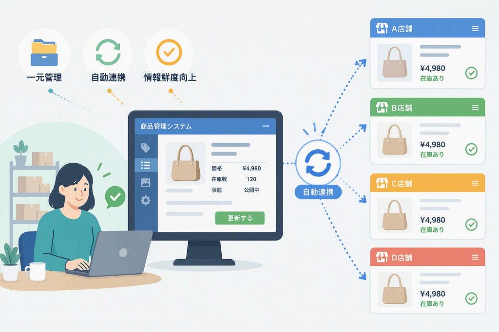 商品情報を一元管理し、複数店舗へ自動連携する仕組みを示したイラスト
