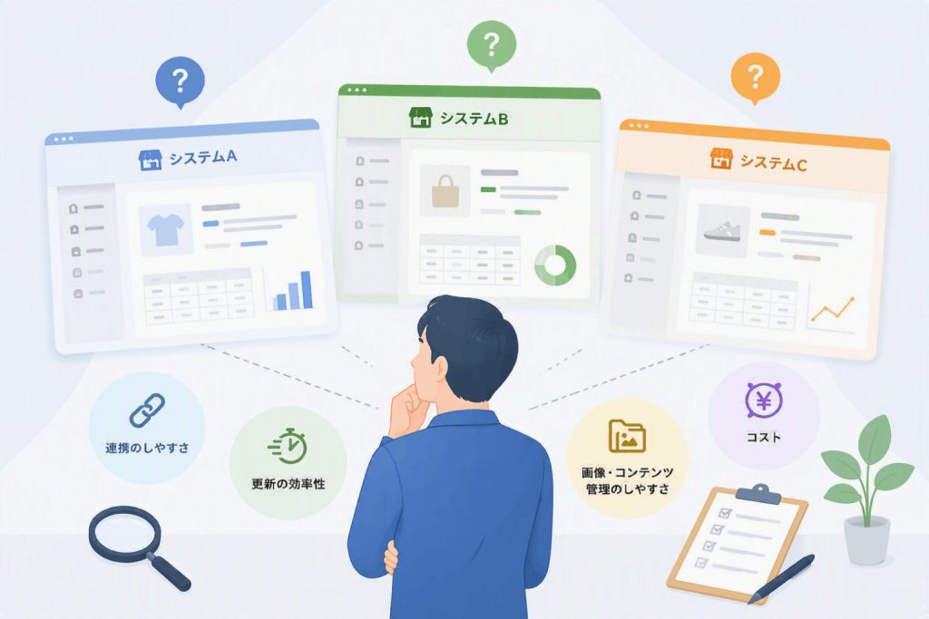 数の商品管理システムを機能や連携性、コストの観点で比較・検討するイラスト