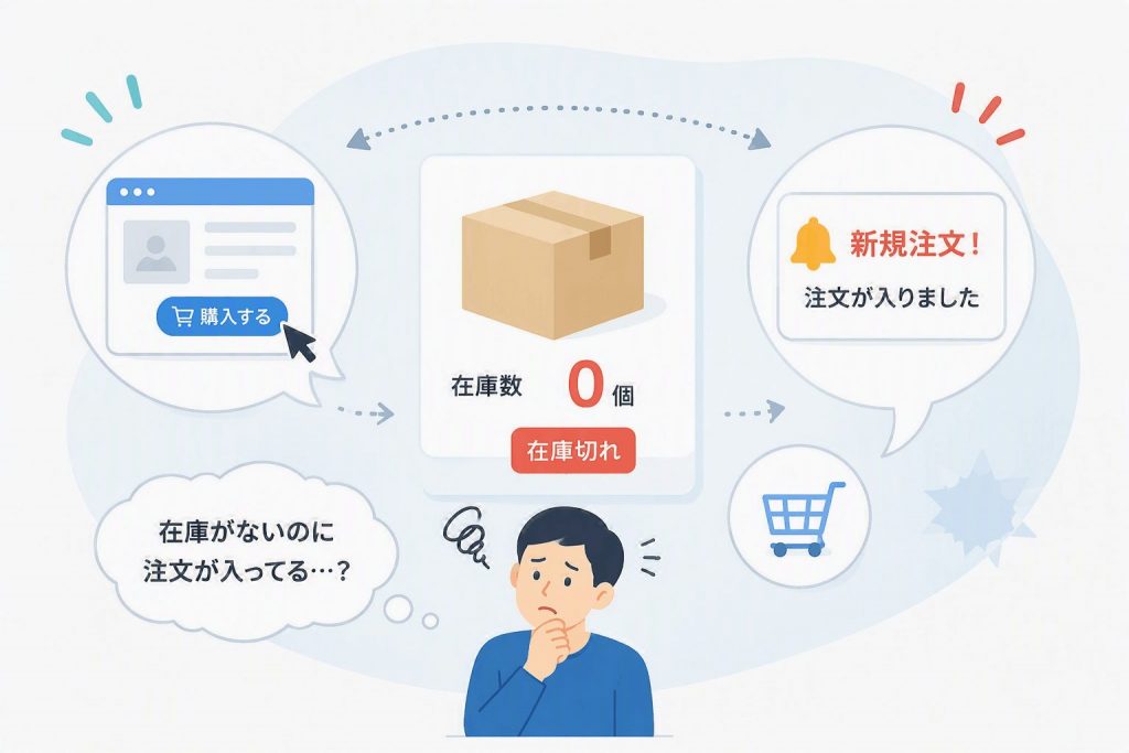 在庫切れにもかかわらず注文が入り、売り越しが発生する状況を示したイラスト