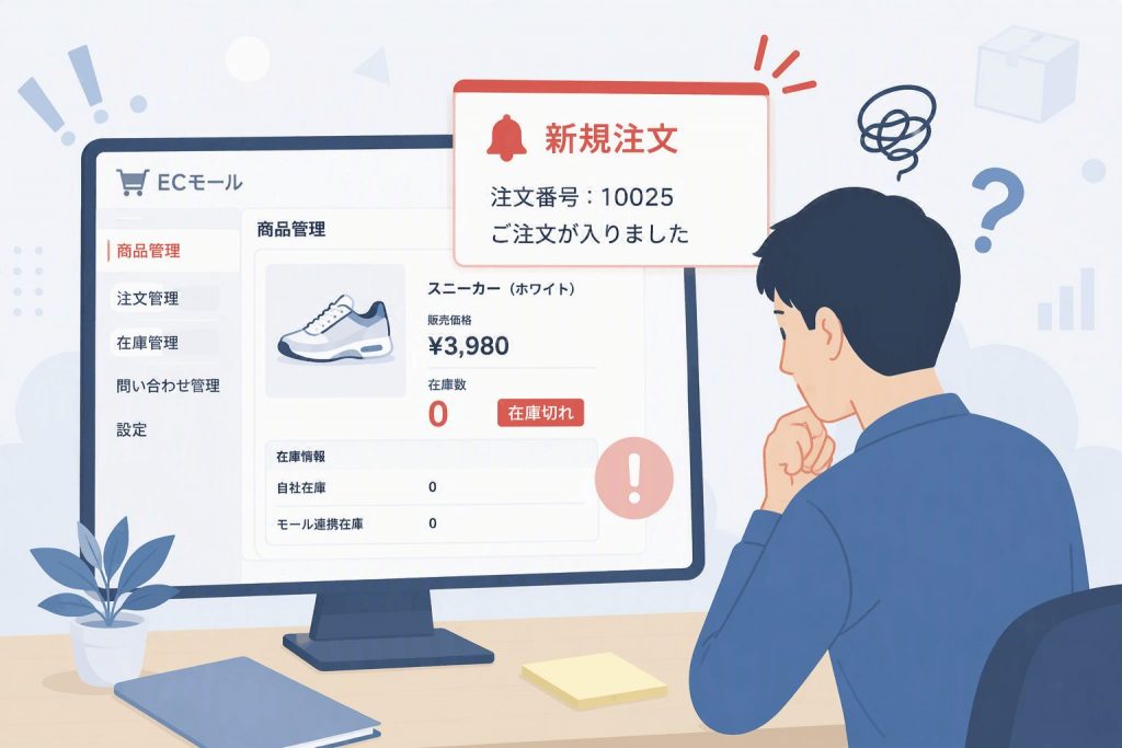 在庫切れの商品に対して新規注文が入り、対応に悩む様子を示したイラスト