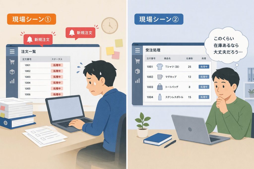 注文増加や目視による在庫確認が原因で、売り越しリスクが高まる現場の様子を示したイラスト