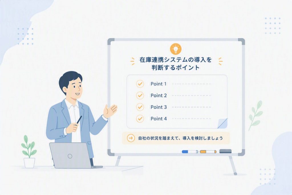 販路拡大や商品数増加、管理負荷増大、情報共有の複雑化により在庫連携システムの導入を検討する状況を示したイラスト