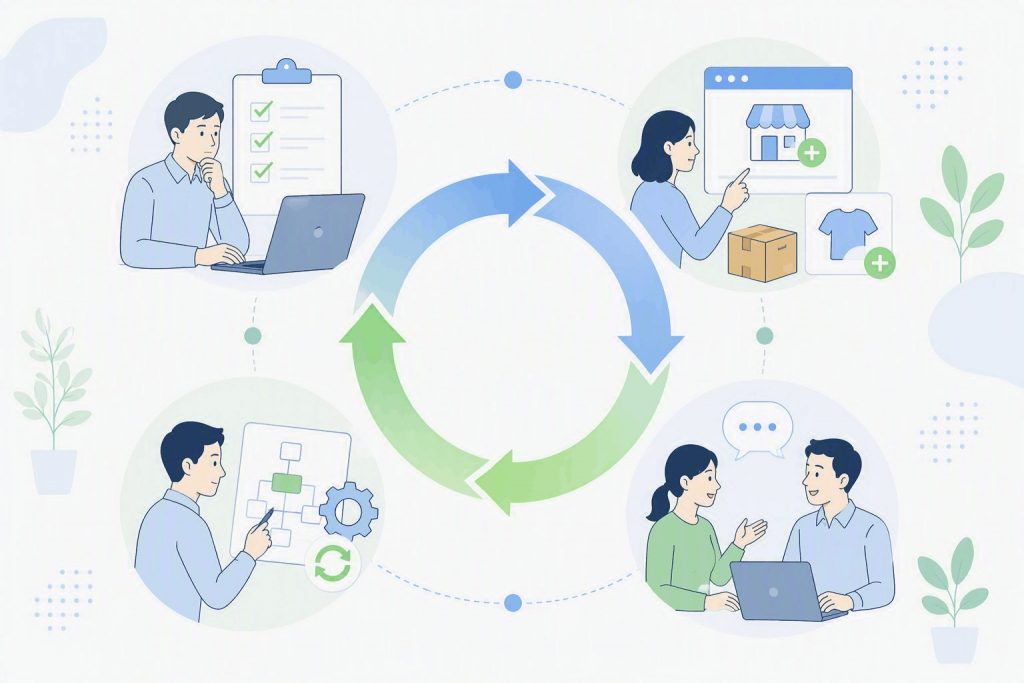 在庫管理の見直しや商品登録、運用改善、情報共有を継続的に行う運用サイクルを示したイラスト