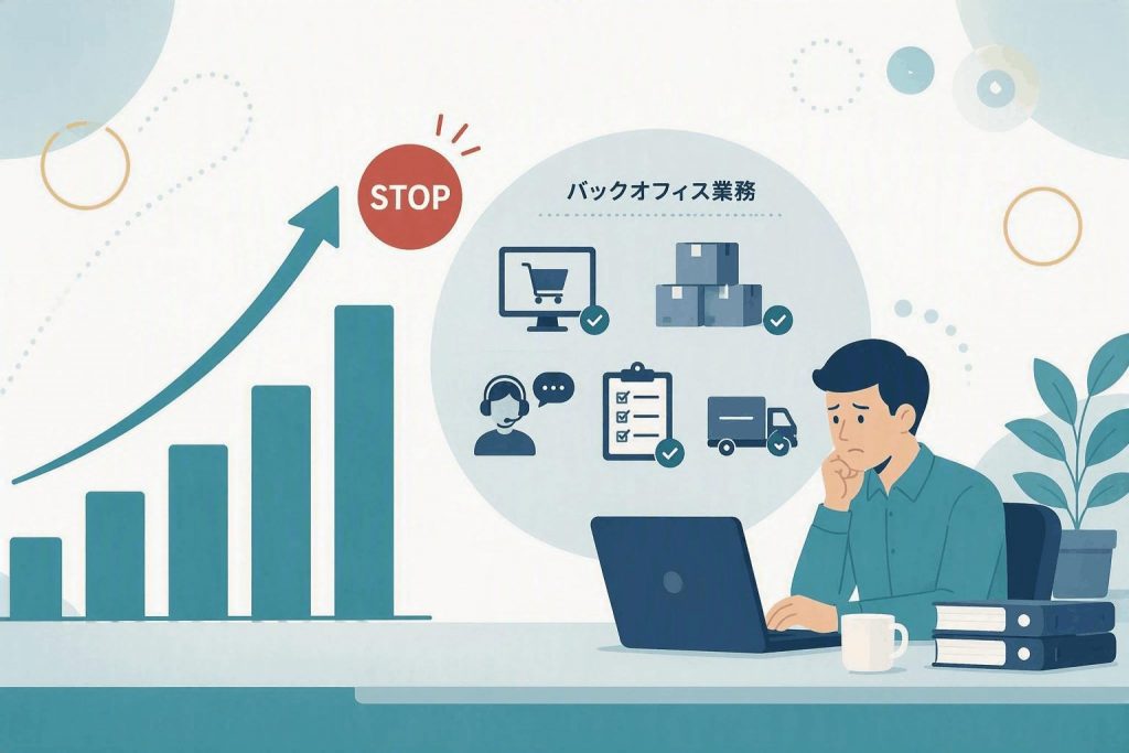 店舗成長に伴いバックオフィス業務の負担が増加し、業務対応がボトルネックになる様子を示したイラスト