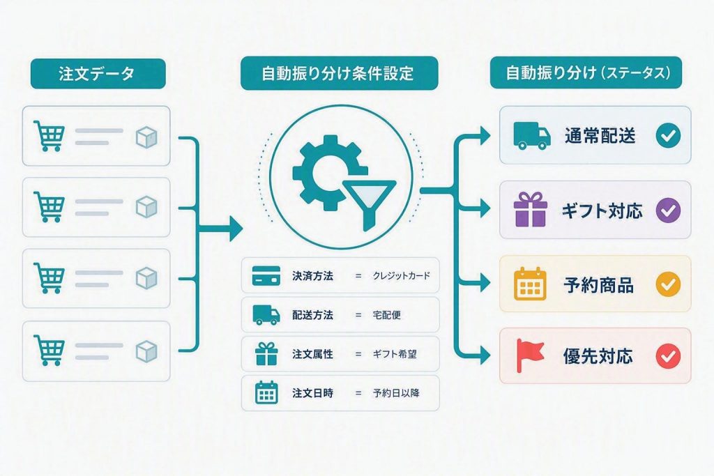 注文内容に応じて受注を自動分類し、適切なステータスへ振り分ける仕組みを示したイラスト