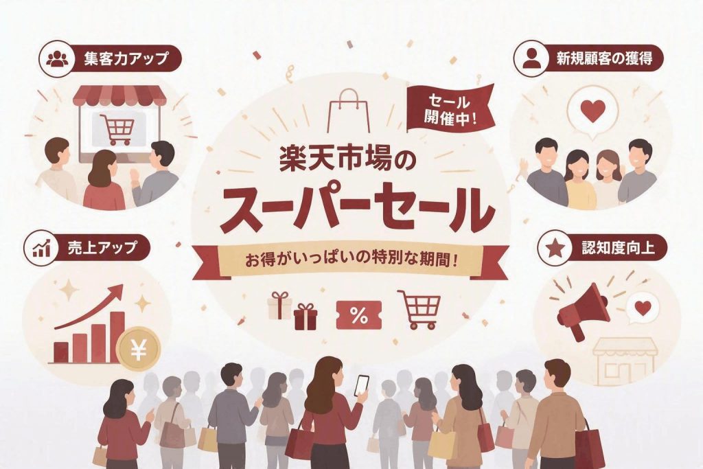 楽天スーパーセールによる集客力向上や売上拡大、新規顧客獲得の効果を示したイラスト