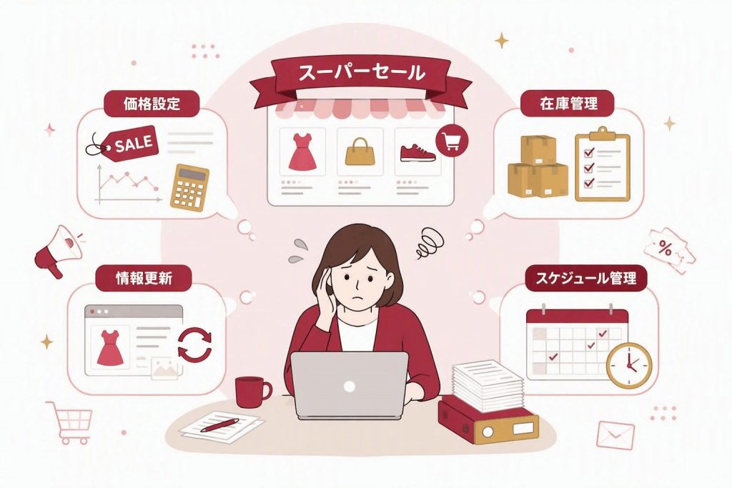 楽天スーパーセールに向けた価格設定や在庫管理、情報更新、スケジュール管理の負担を示したイラスト