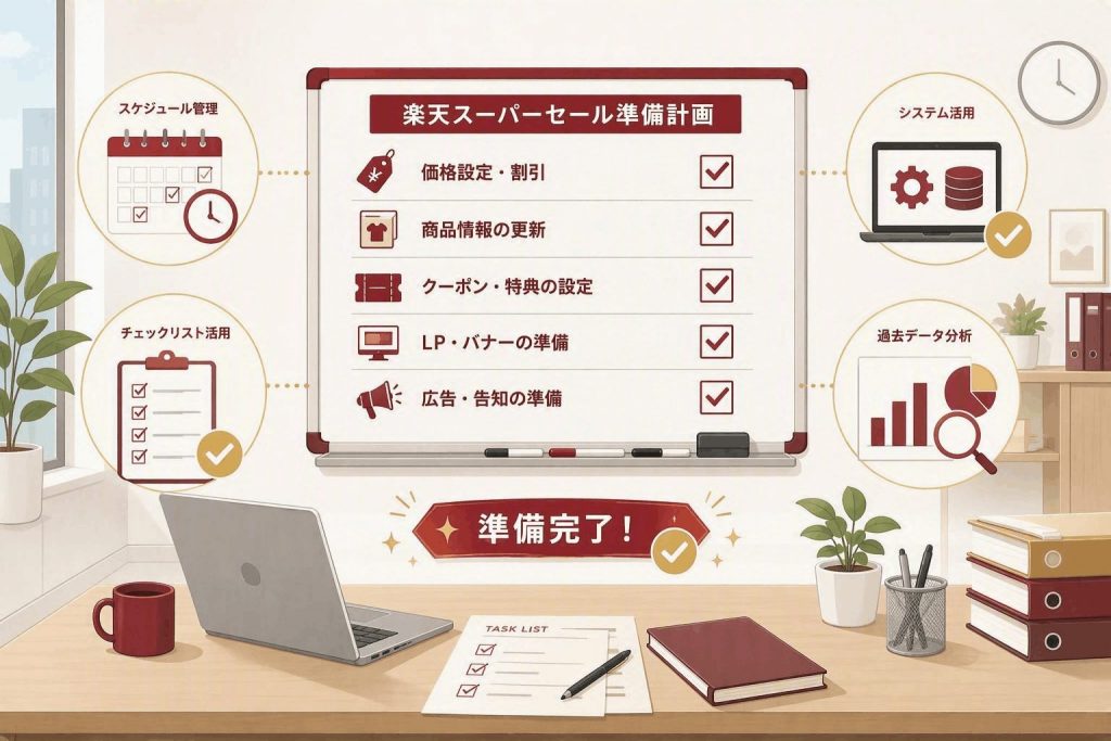 楽天スーパーセールに向けた価格設定や商品情報更新、クーポン設定などの準備項目を管理する様子を示したイラスト