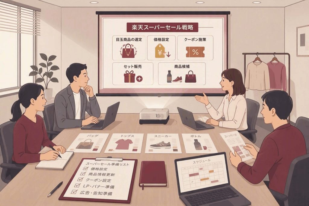 目玉商品の選定や価格設定、クーポン施策など楽天スーパーセールの販売戦略を検討する様子を示したイラスト