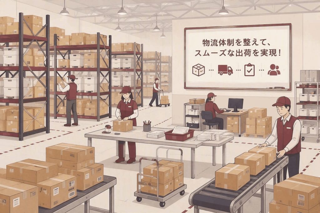受注増加に備えて物流体制を整え、スムーズな出荷業務を実現する様子を示したイラスト
