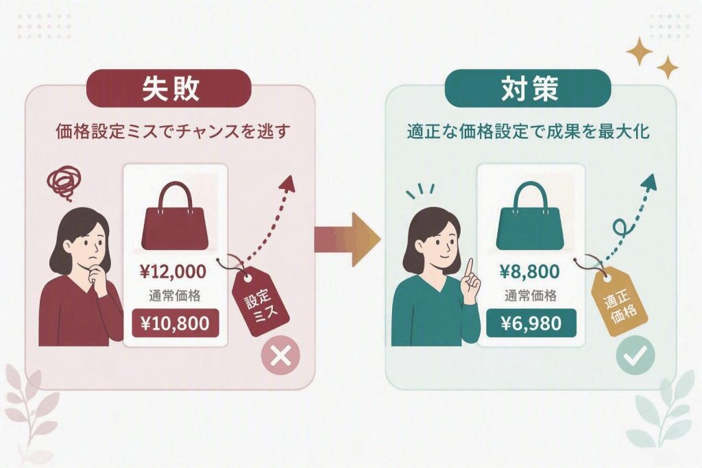 価格設定ミスによる販売機会損失と、適切な価格設定による売上最大化を比較したイラスト