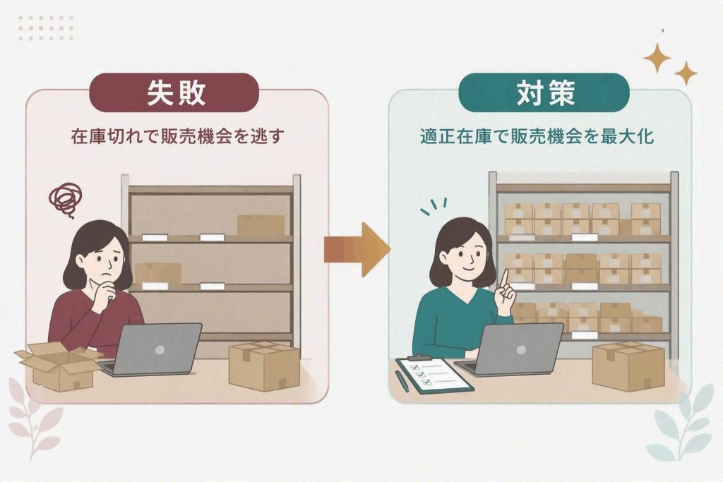 在庫切れによる販売機会損失と、適正在庫管理による機会最大化を比較したイラスト