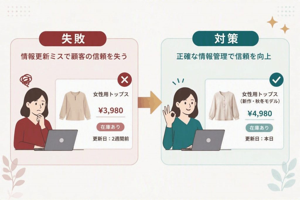 商品情報の更新ミスによる信頼低下と、正確な情報管理による顧客信頼向上を比較したイラスト