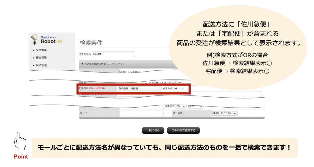 配送方法名でOR検索するイメージ