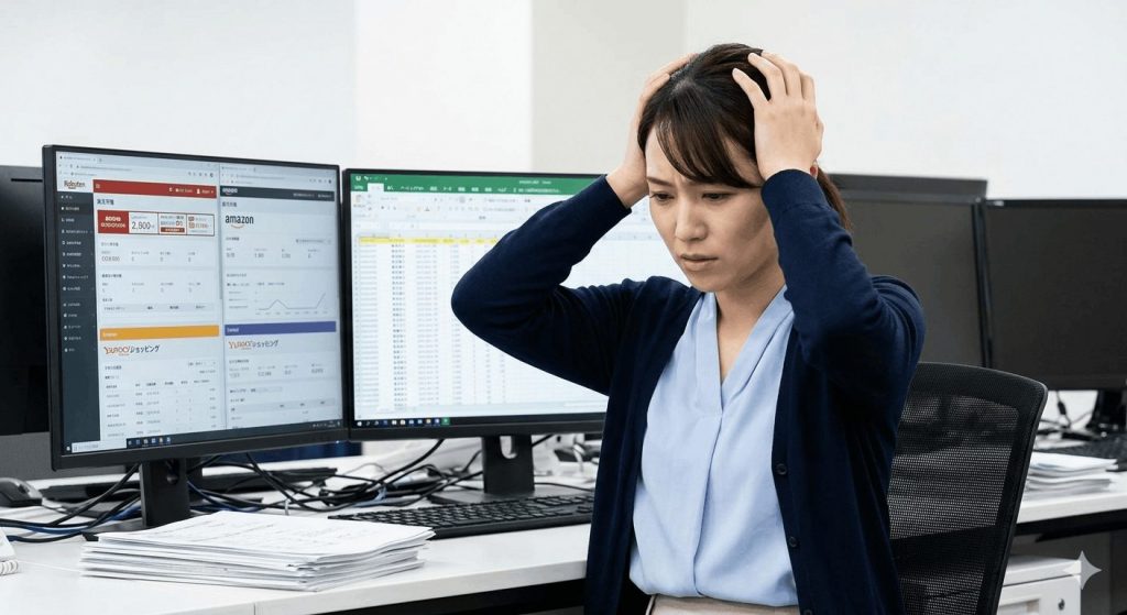 PCの前で複数の画面(各モールの管理画面など)を開き、困惑した表情で頭を抱える担当者のイメージ画像