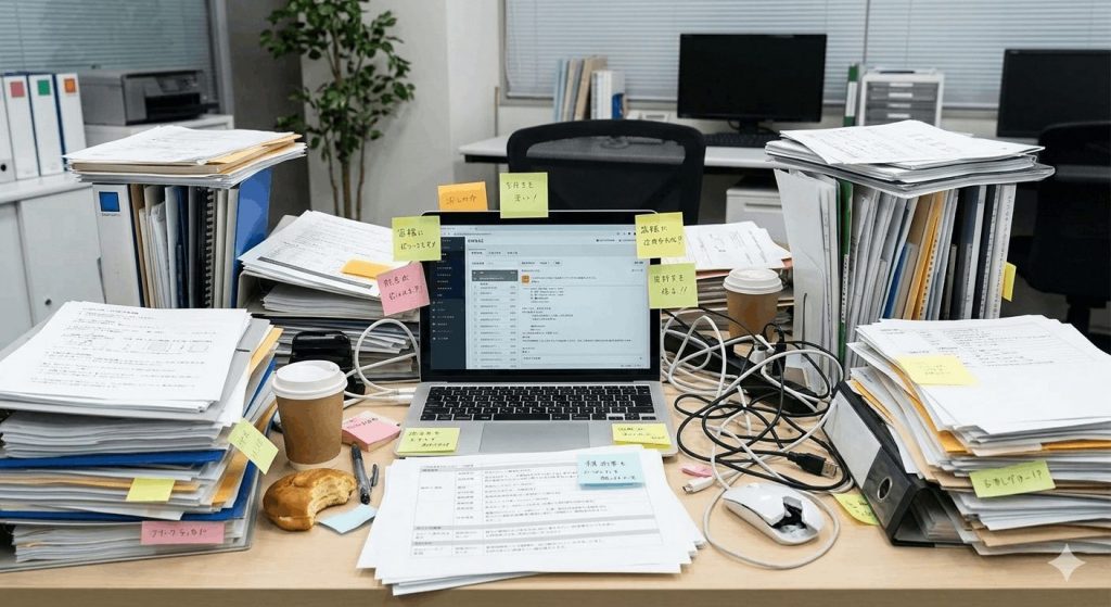 絡み合ったコードや書類の山など、非効率や停滞を象徴するイラスト