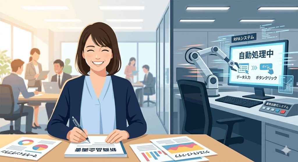 ロボットアームがPC画面上の定型作業(データ入力やボタンクリックなど)を高速で処理している様子。手前には、その作業から解放され、よりクリエイティブな業務(企画書作成など)に取り組む人間のイラスト。