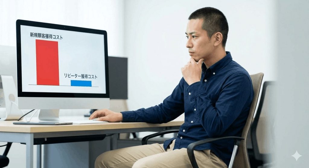 棒グラフで新規顧客獲得コストが年々上昇している様子と、リピーター獲得コストが相対的に低いことを示す図を見ている男の人