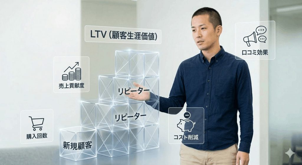 「新規顧客」と「リピーター」を比較し、リピーターの優位性（コスト、売上貢献度、口コミ効果など）を示すインフォグラフィックと男の人