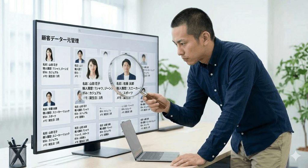 虫眼鏡で顧客データ（顔写真や情報）を覗き込んでいる男の人