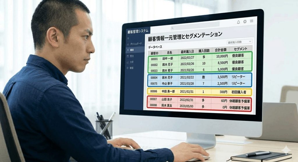 セグメントごとに色分けされた顧客リストが一覧表示された管理画面を見ている男の人