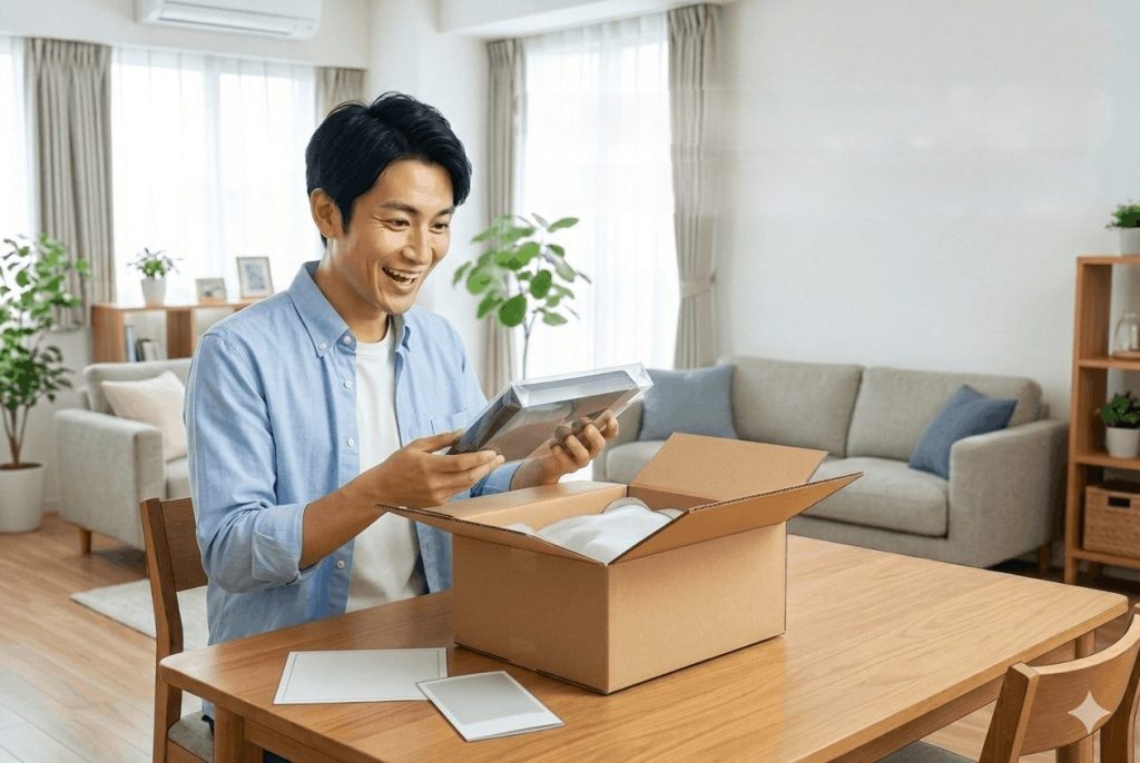 荷物を開けて笑顔になっている人