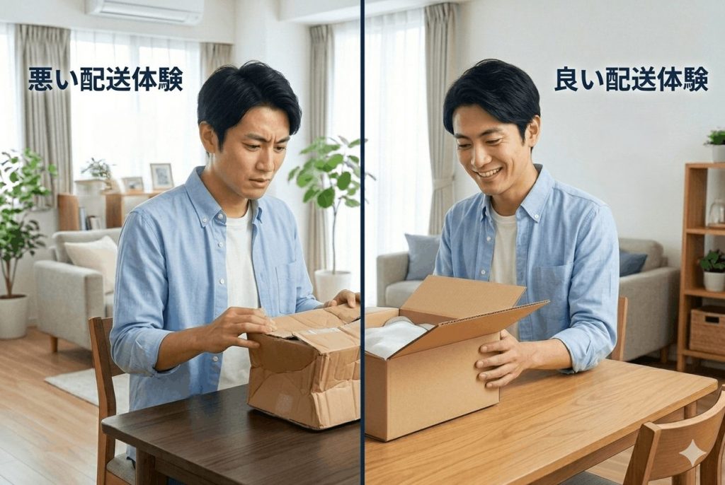 不満そうな顔で荷物を見ている人と、笑顔で荷物を受け取っている人