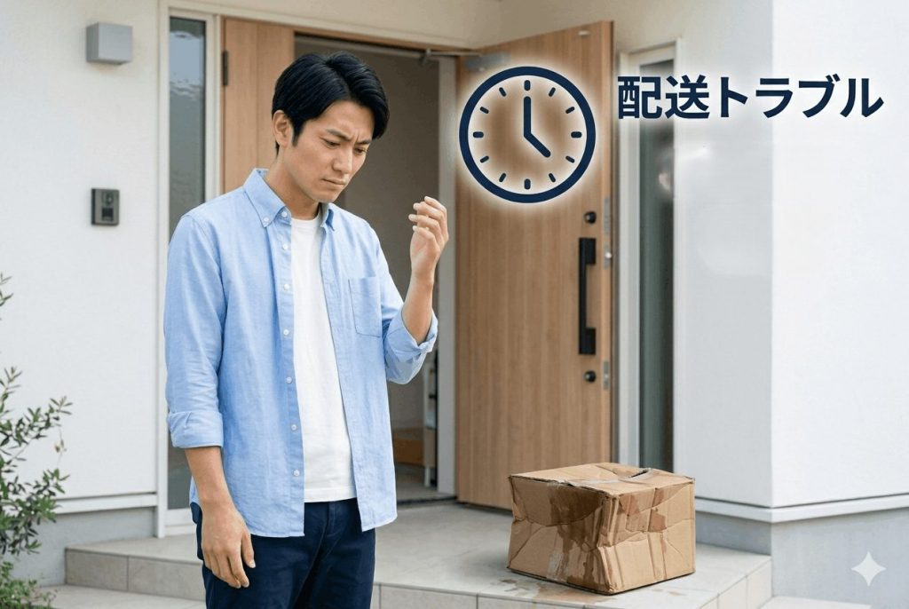配送トラブルで不満そうな表情の人