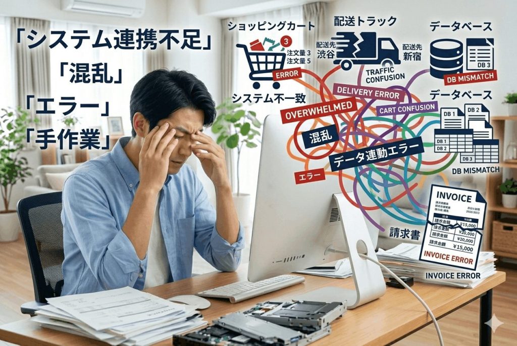 絡み合ったコードやバラバラのシステムを表すアイコンが散乱し困っている人