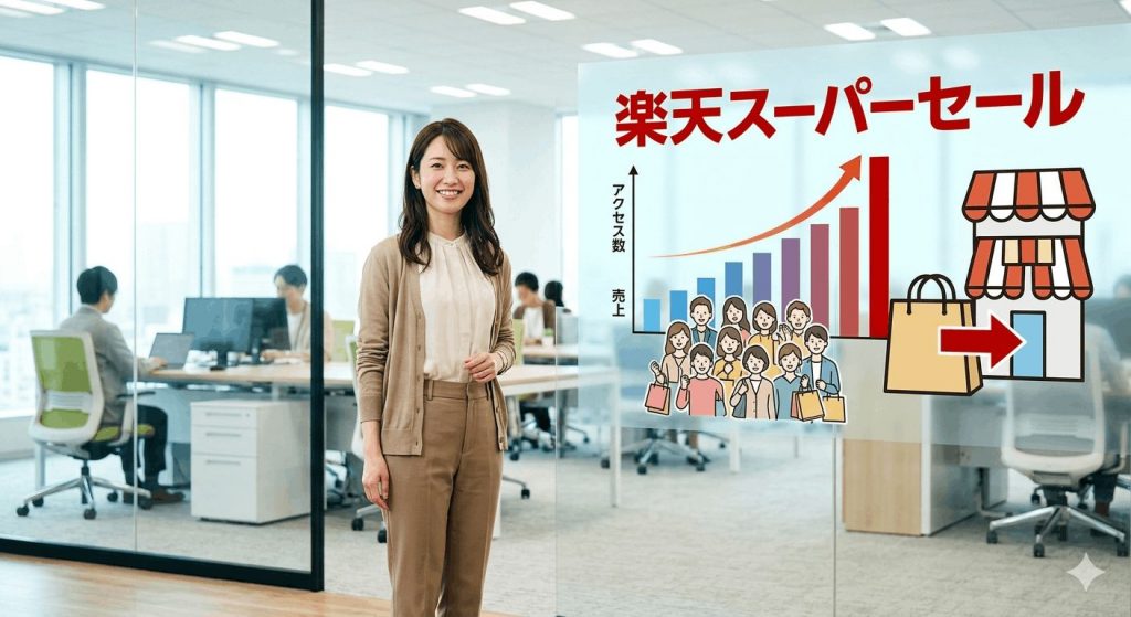 楽天スーパーセールのロゴと、活気あふれる買い物客のイラスト。
棒グラフでセール期間中のアクセス数や売上が急上昇している様子。
新規顧客がショップに訪れる様子を表すイラスト。