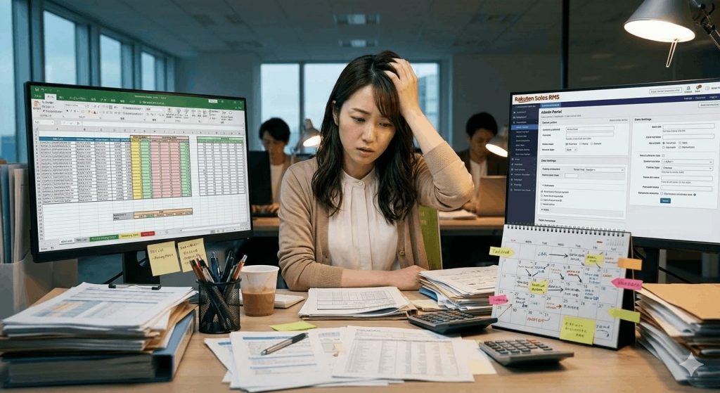 PCの前で多くの書類や設定画面に囲まれ、困惑している担当者のイラスト。
複雑な設定画面のスクリーンショット（イメージ）。
カレンダーに多くのタスクが書き込まれている様子。