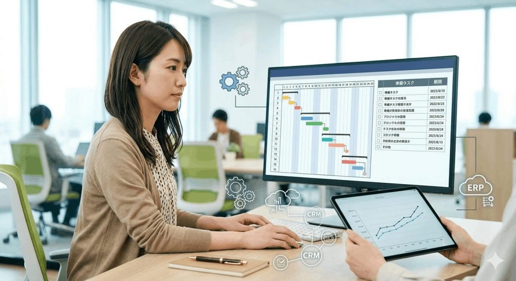 PC画面に表示されたガントチャートやチェックリスト、複数のツール画面のイメージ。手前にはデータ分析用のグラフ。