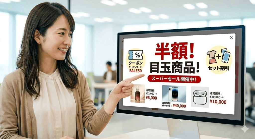 中心に「半額！目玉商品！」と書かれたポップがあり、その周りにクーポンやセット割引のアイコン、関連商品が配置された販促イメージ図。