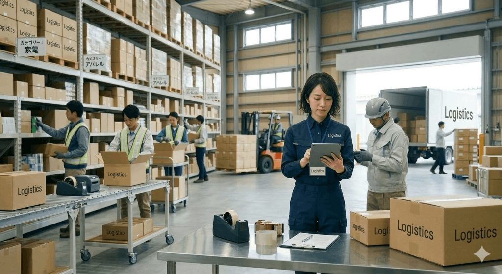 活発に商品がピッキング・梱包され、配送トラックに積み込まれている倉庫内の様子。