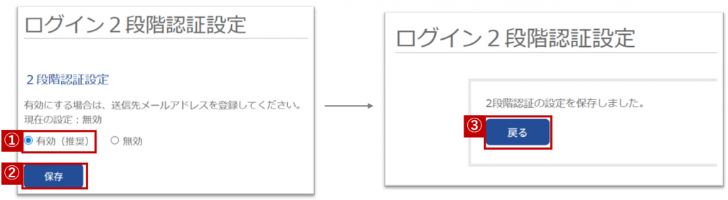 Robotシリーズ「ログイン2段階認証設定」の「STEP2:2段階認証の「有効」設定方法」手順の図です。