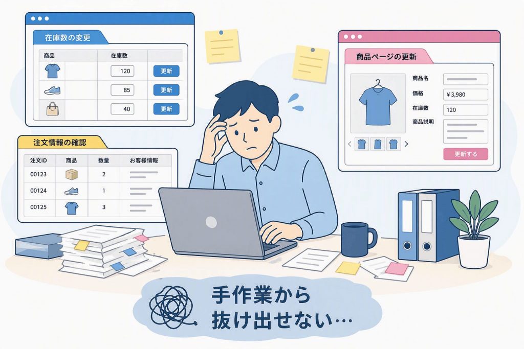 在庫管理や注文確認、商品ページ更新を手作業で行うことによる業務負担を示したイラスト