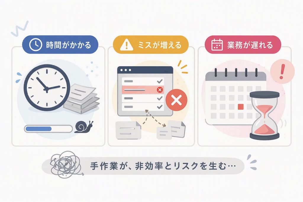 手作業によって作業時間の増加や入力ミス、業務遅延が発生するリスクを示したイラスト