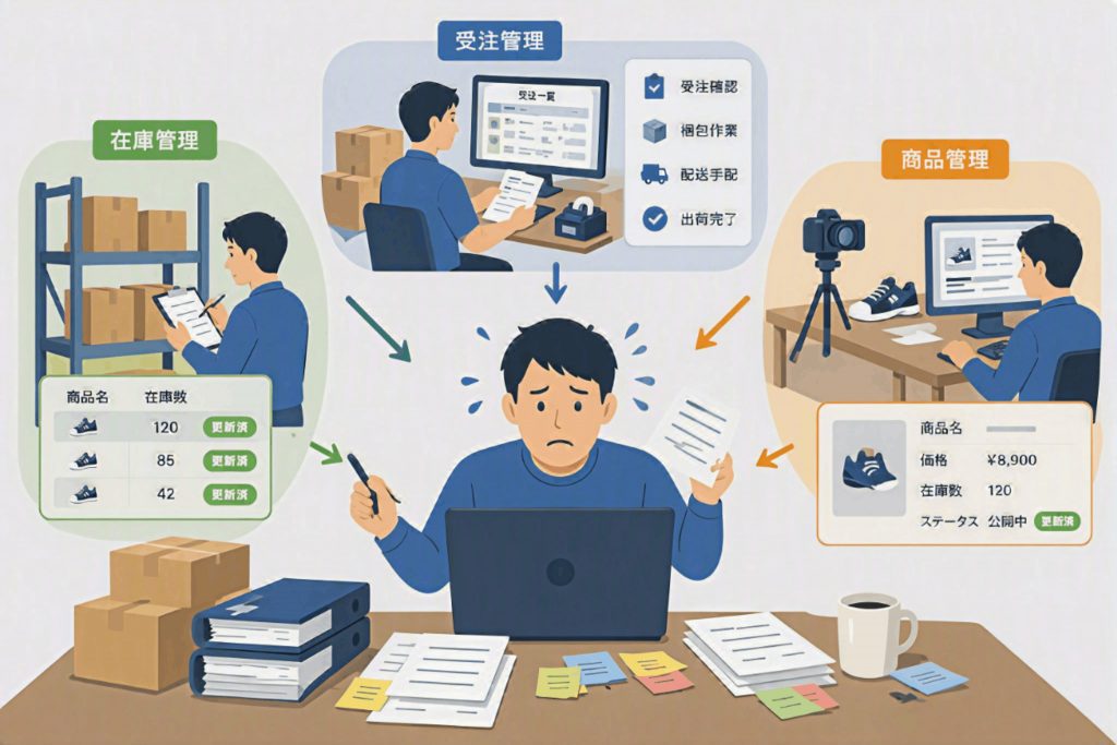 在庫管理や受注管理、商品管理が属人化し、運用負荷が増大している様子を示したイラスト