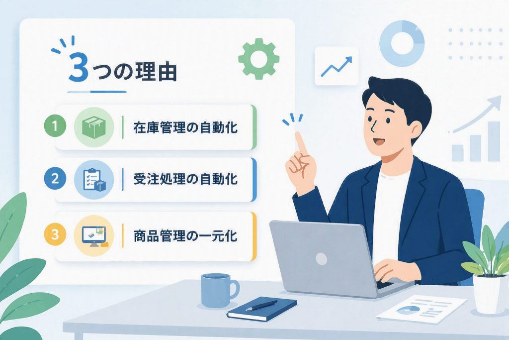 在庫管理の自動化、受注処理の自動化、商品管理の一元化による業務効率化を示したイラスト