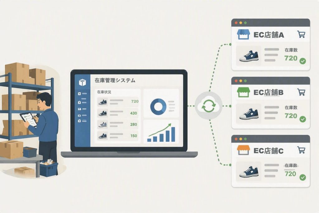 在庫情報を一元管理し、複数のEC店舗へ自動連携する仕組みを示したイラスト