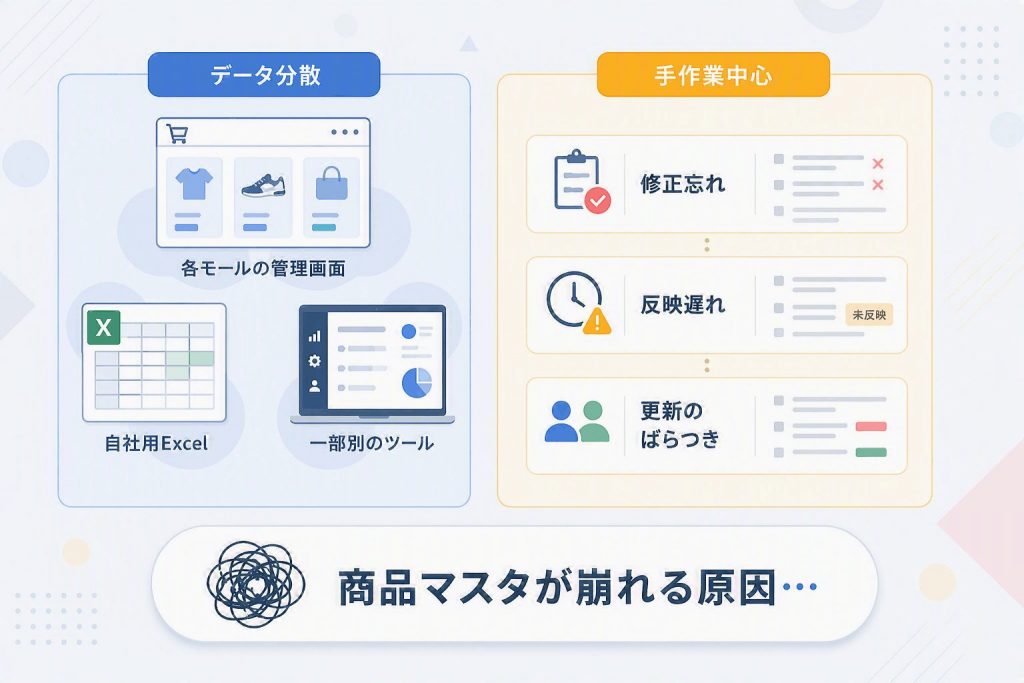 データの分散管理や手作業中心の運用により、商品マスタの管理が複雑化する要因を示したイラスト