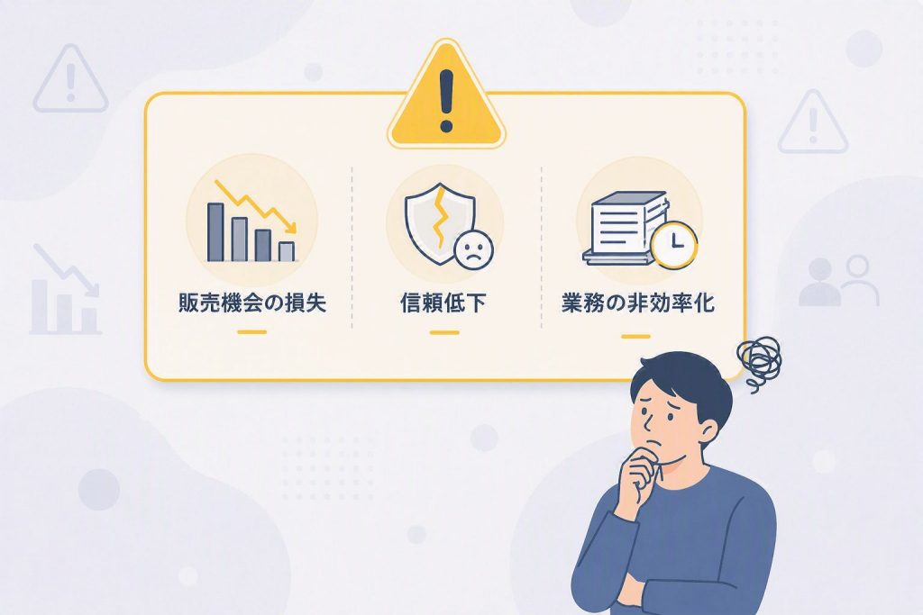 商品マスタの不整合によって販売機会の損失や信頼低下、業務の非効率化が発生する様子を示したイラスト