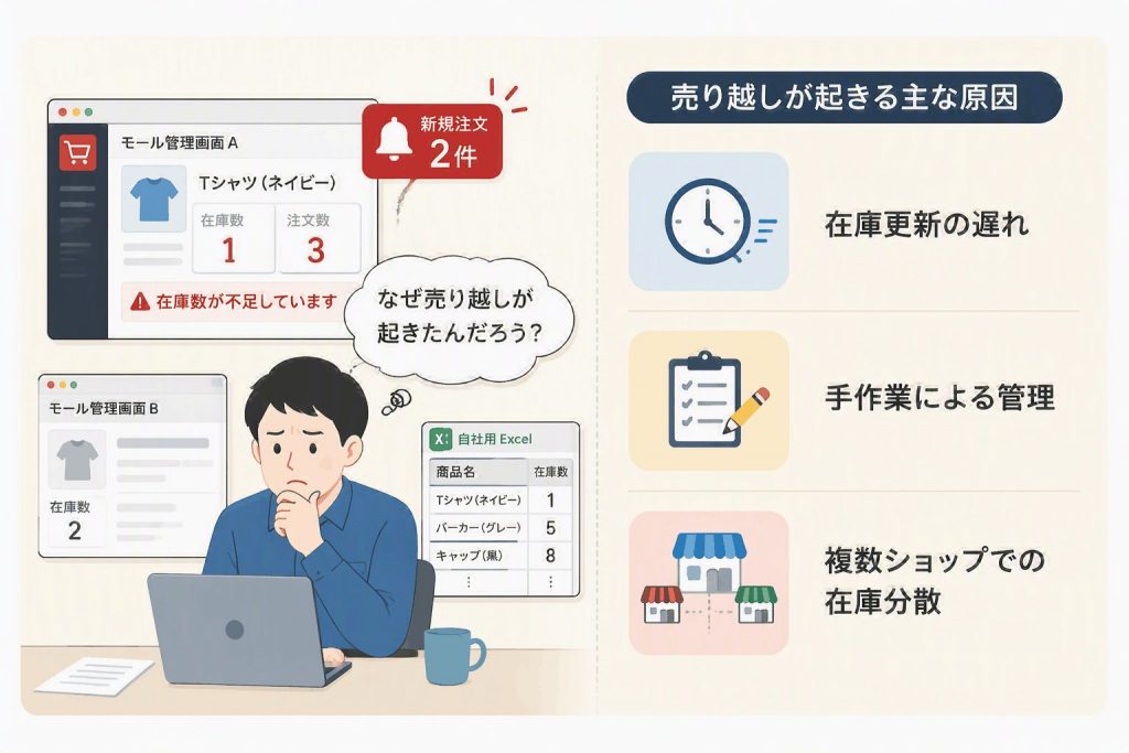在庫更新の遅れや手作業管理、複数店舗での在庫分散による売り越し発生の原因を示したイラスト