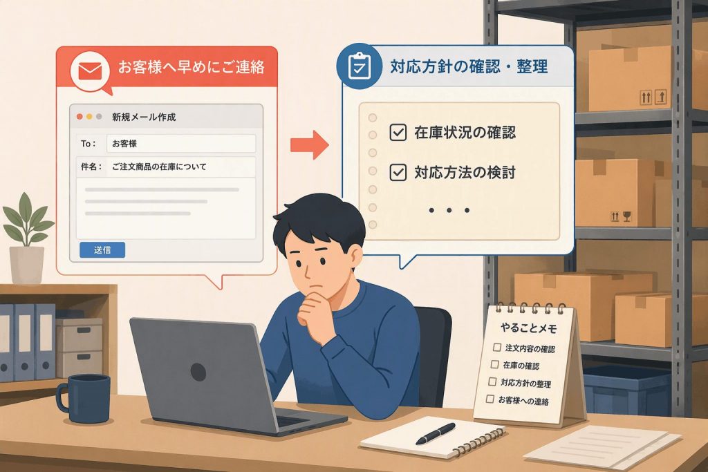 売り越し発生時に顧客への連絡や在庫確認、対応方針の整理を行う様子を示したイラスト